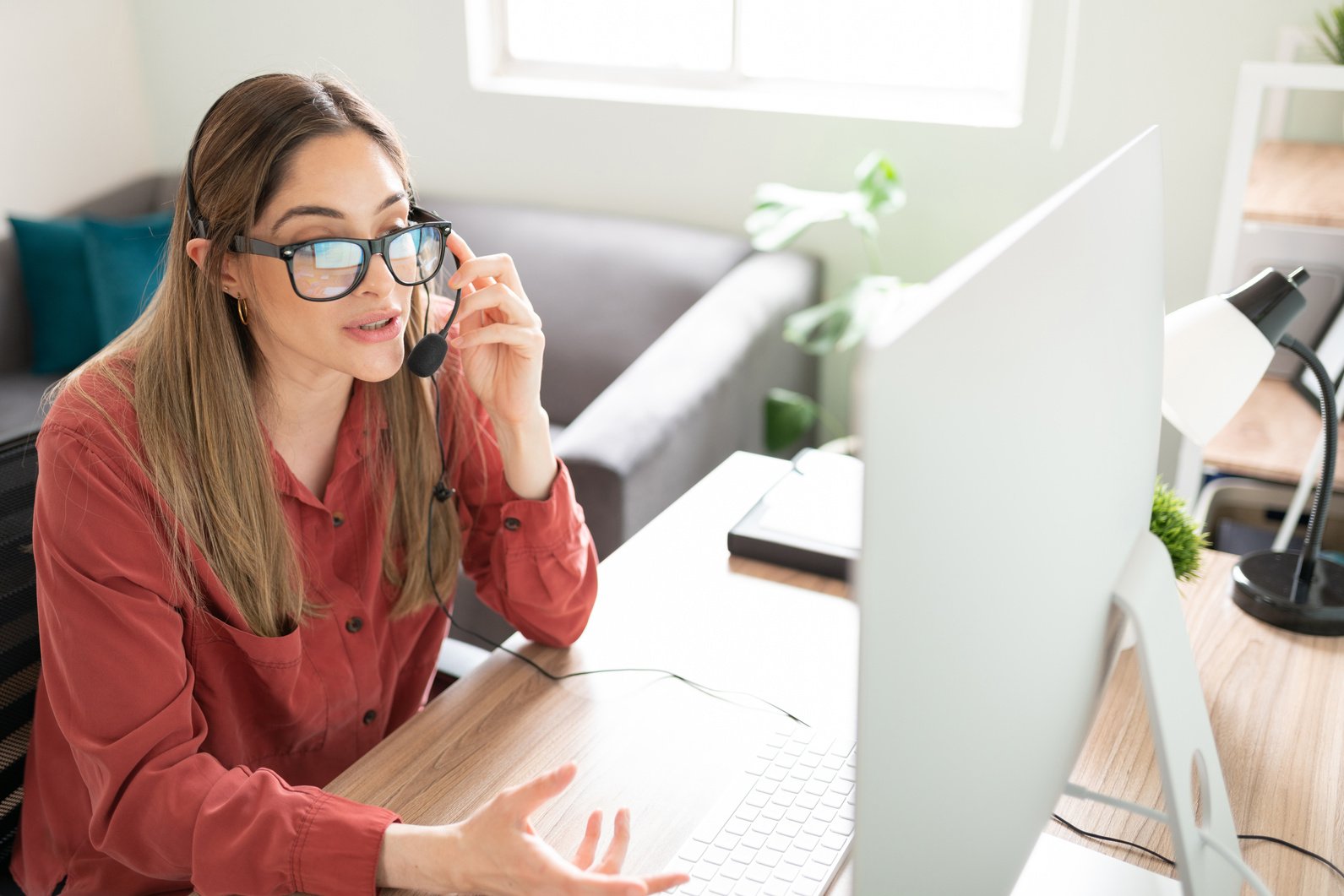 Female interpreter translating something online